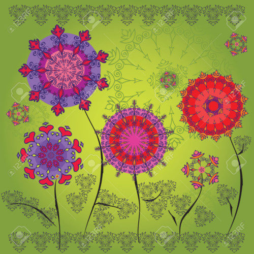 Colored mandala flowers on a green background